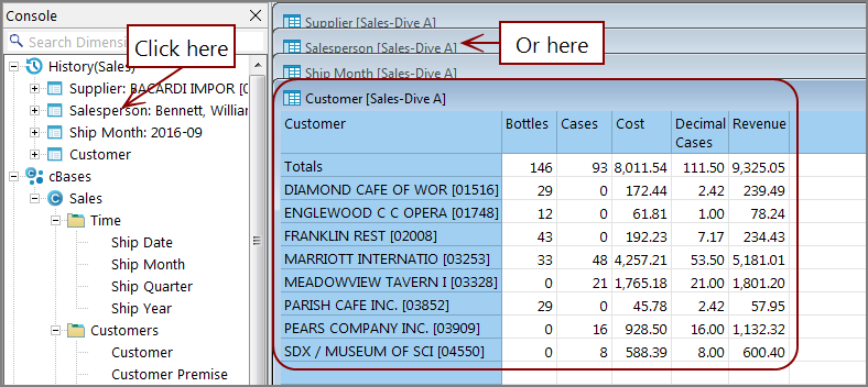 Where to click to reactivate a previous dive window.